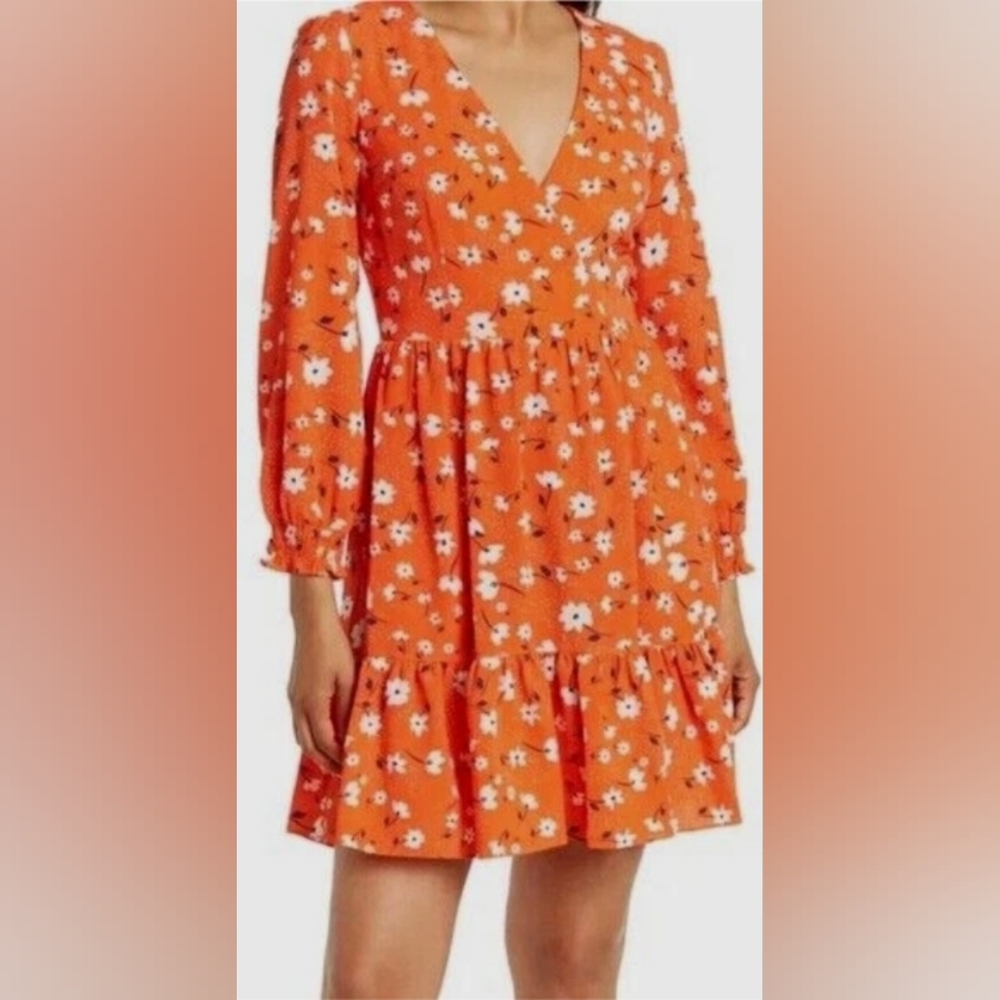 Eliza J Orange V-Neck Floral Long Sleeve Fit & Flare Dress Size 6 NWT